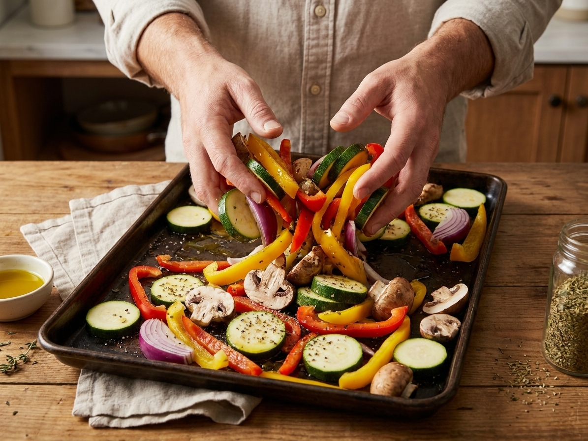 A pair of hands tossing sliced zucchini, peppers, onions, and mushrooms with olive oil and seasonings on a sheet pan on a kitchen counter