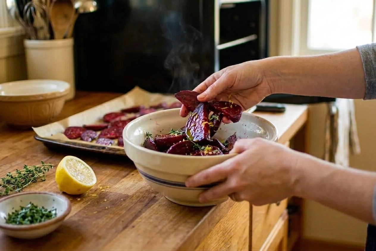 A pair of hands tossing warm roasted beetroot wedges in a mixing bowl with lemon, herbs, and olive oil on a kitchen counter