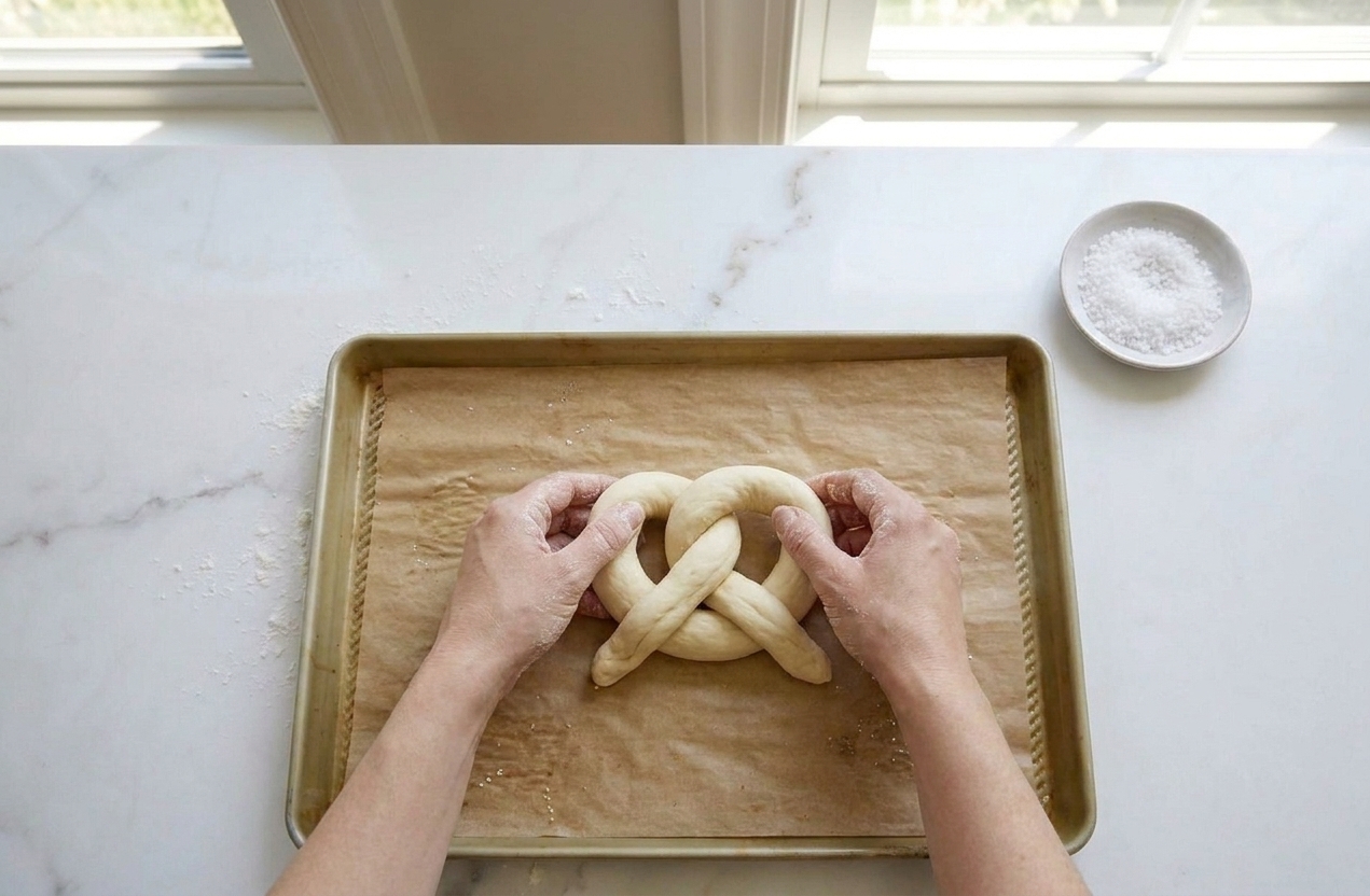 A pair of hands twisting a long rope of dough into a classic soft pretzel shape on a parchment-lined baking sheet