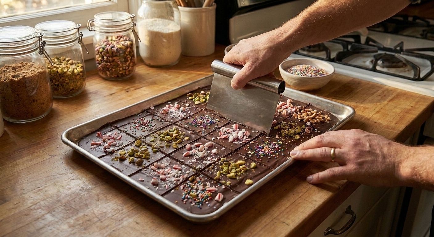A pair of hands using a bench scraper to score melted chocolate bark into a neat 4-by-6 grid on parchment paper