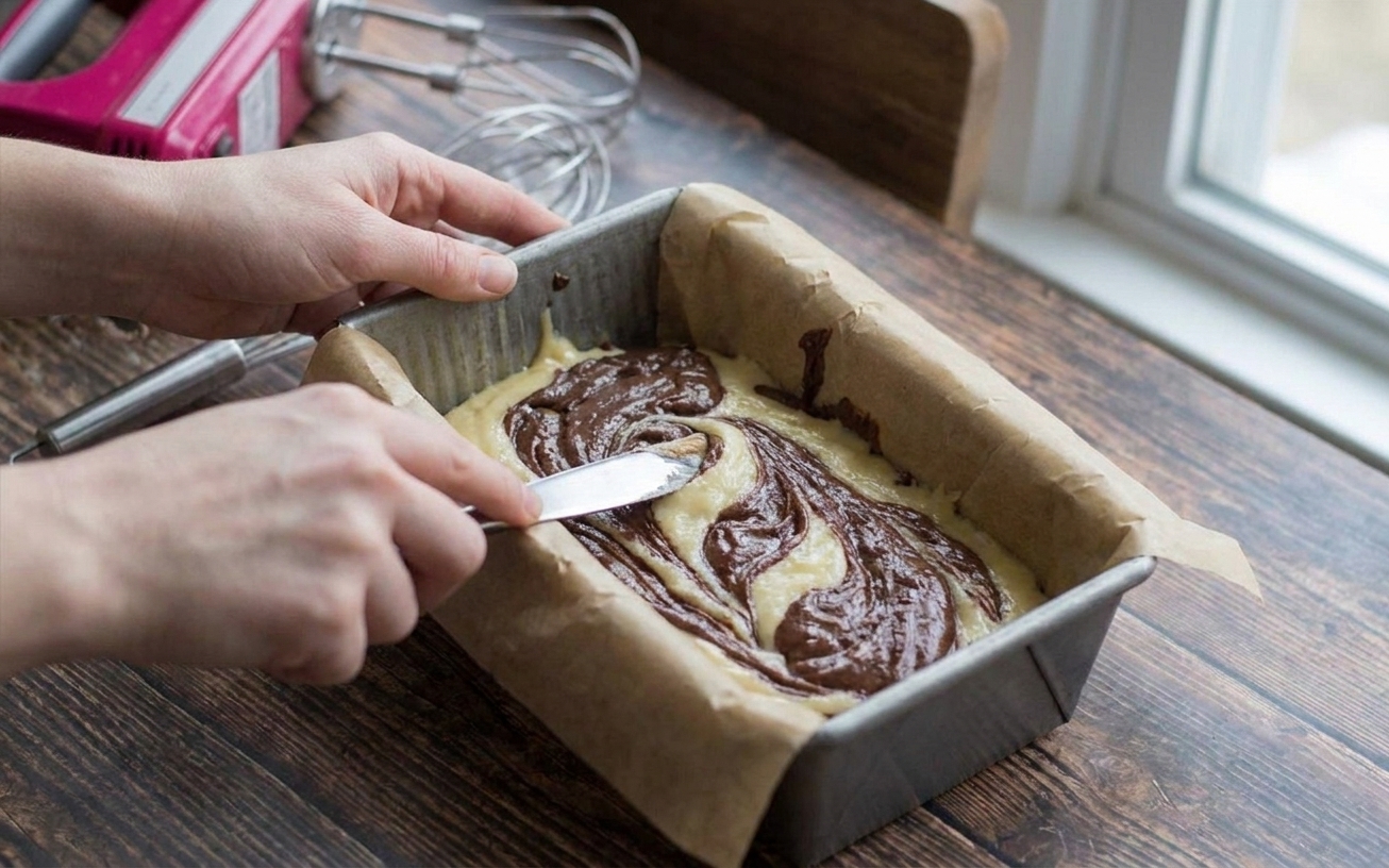 A pair of hands using a butter knife to gently swirl chocolate batter through vanilla batter in a parchment-lined loaf pan on a kitchen counter