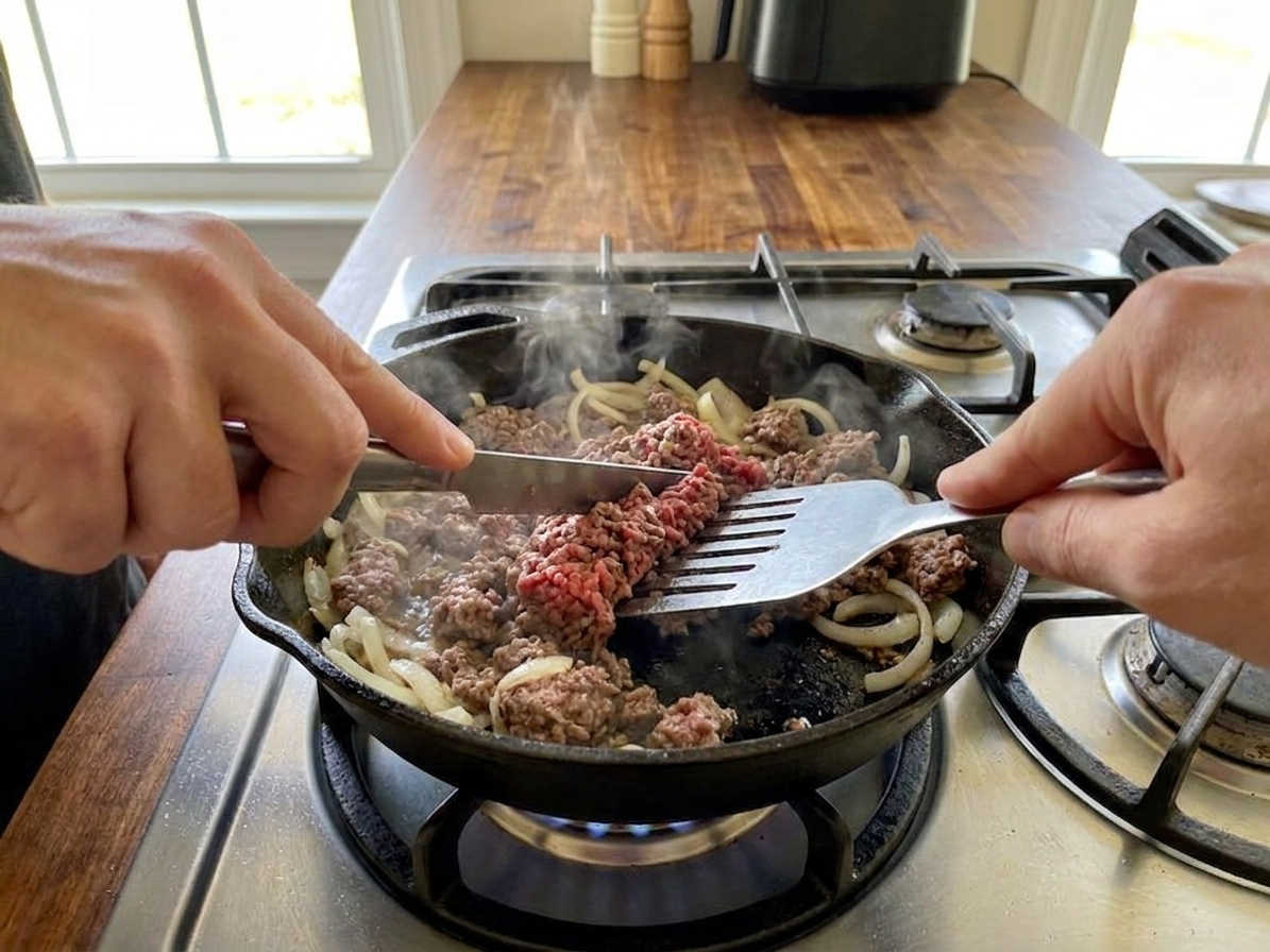A pair of hands using a metal spatula to chop sizzling ground beef and onions in a cast iron skillet on a home stove