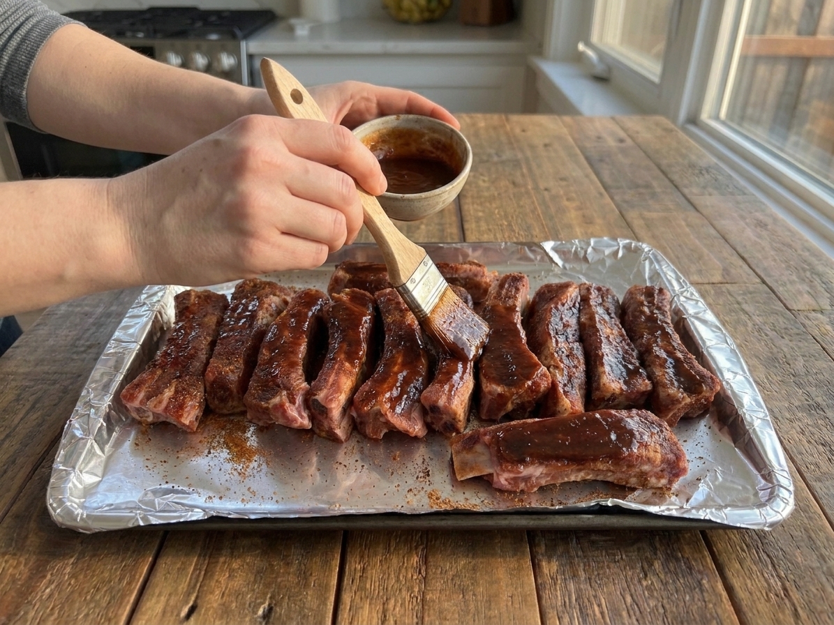 A pair of hands using a pastry brush to coat baked riblets with barbecue sauce on a foil-lined baking sheet on a kitchen counter