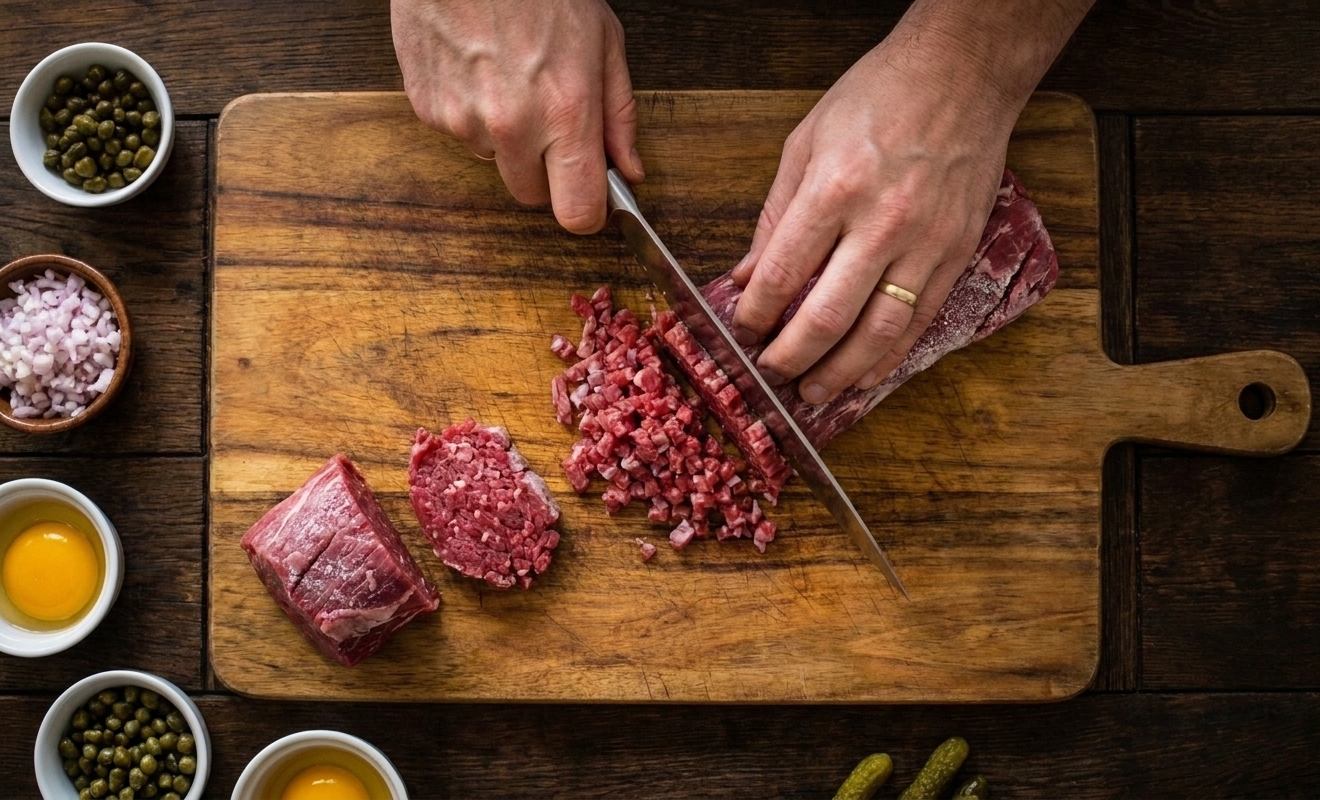 A pair of hands using a sharp chef's knife to finely chop very cold beef tenderloin on a wooden cutting board