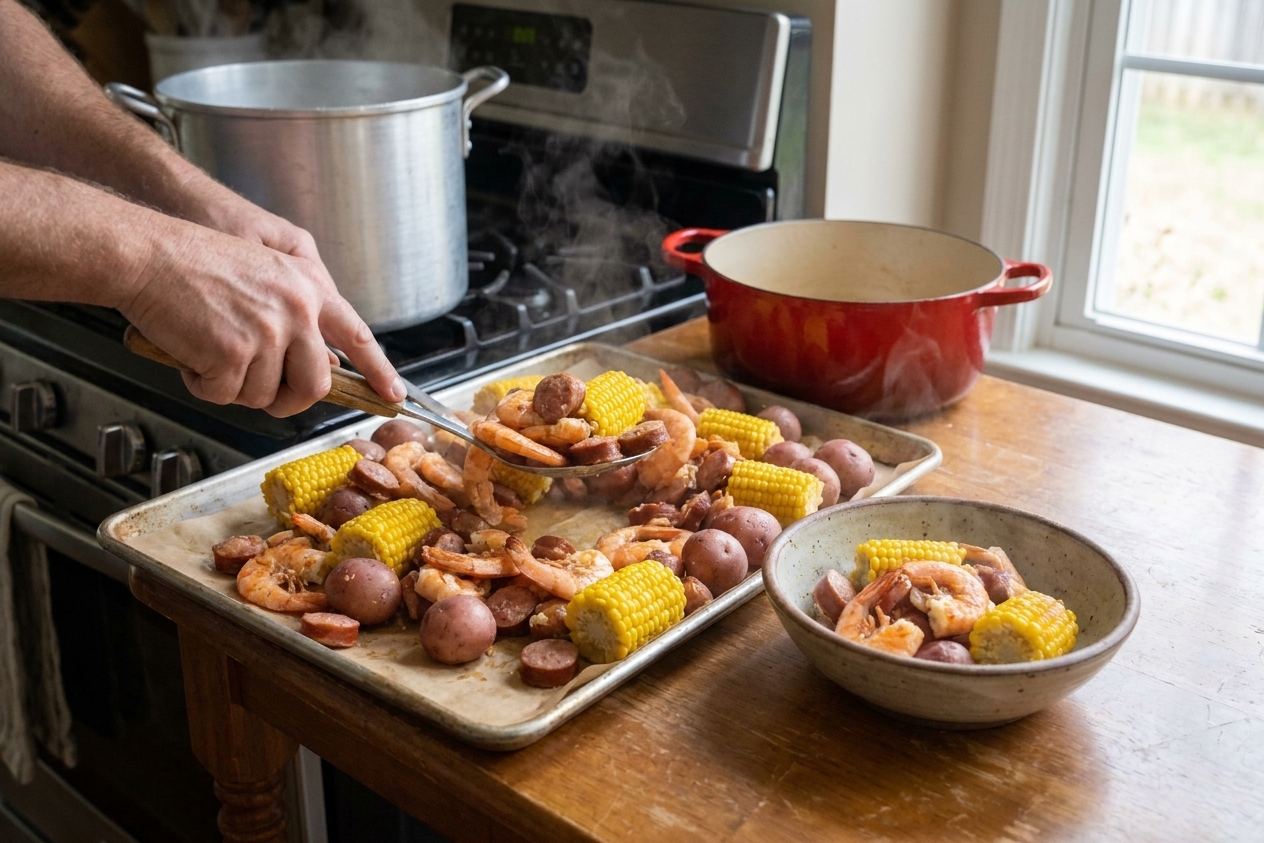 A pair of hands using a slotted spoon to serve shrimp, corn, sausage, and potatoes from a sheet pan to a bowl