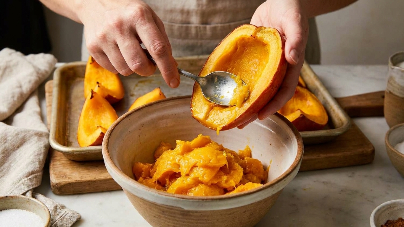 A pair of hands using a spoon to scoop soft roasted pumpkin flesh from the skin into a mixing bowl