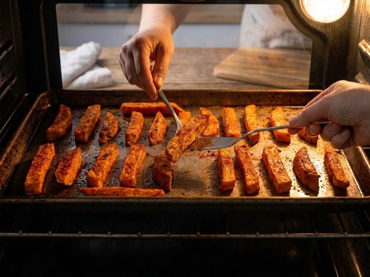 A pair of hands using a thin spatula to flip partially roasted yam fries on a hot sheet pan