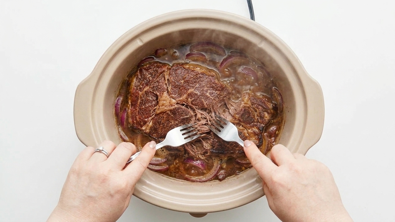 A pair of hands using two forks to shred tender slow cooker beef in a ceramic bowl on a kitchen counter