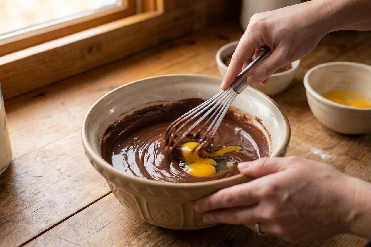 A pair of hands whisking eggs into glossy chocolate brownie batter in a mixing bowl on a kitchen counter