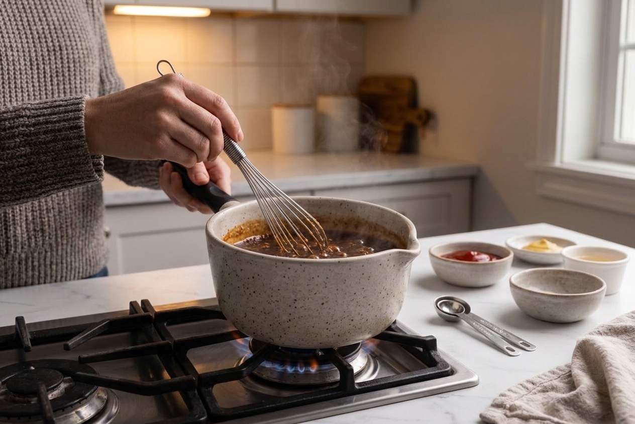 A pair of hands whisking tonkatsu sauce ingredients together in a small saucepan on a stovetop, cozy kitchen lighting