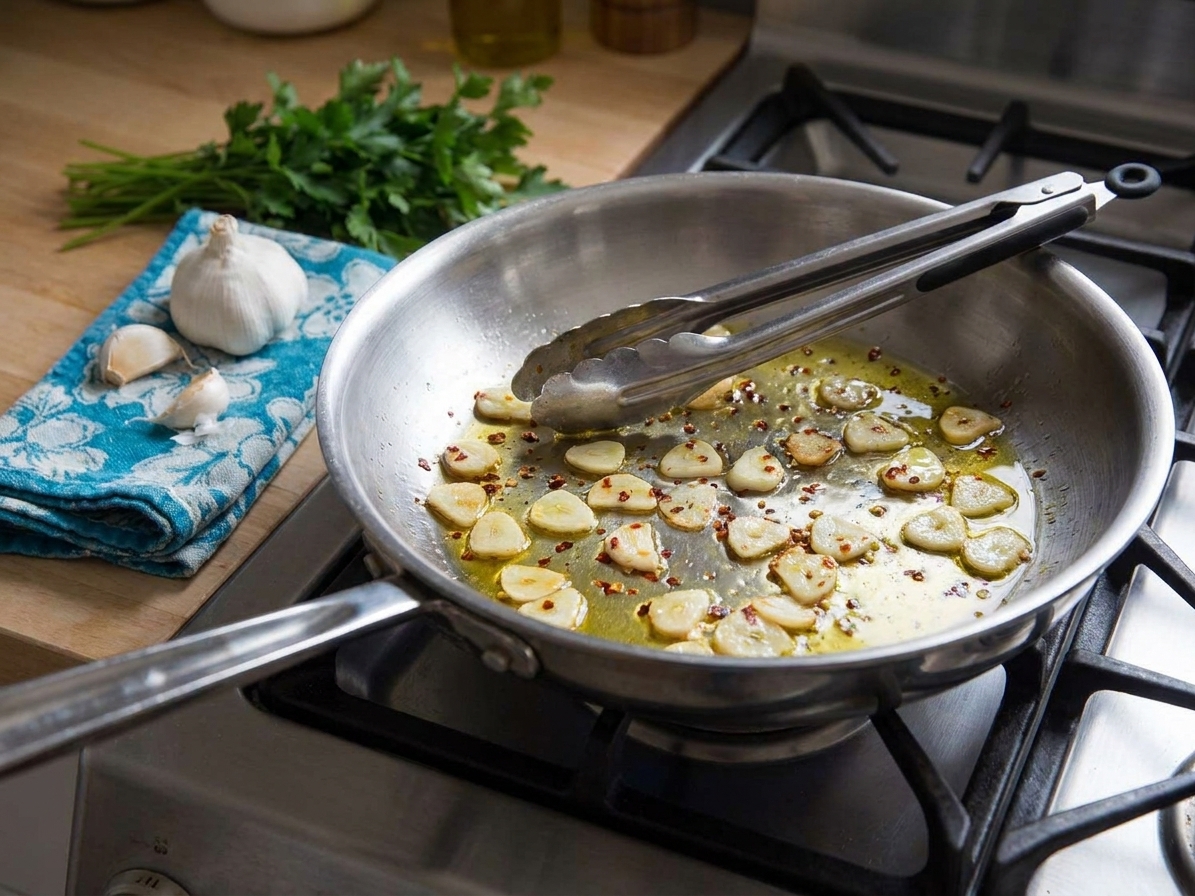 A pair of metal tongs resting on the edge of a stainless steel skillet on a home stove