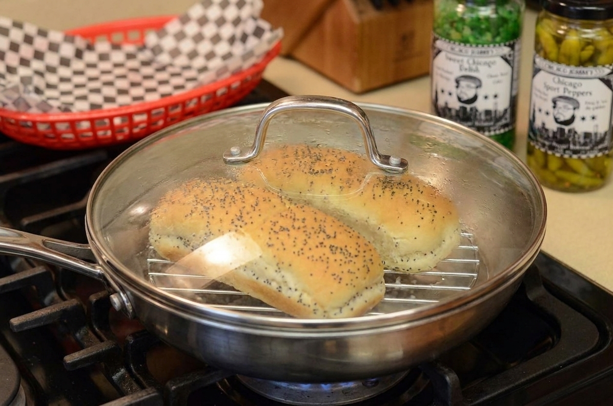 A pair of poppy seed hot dog buns steaming in a covered skillet on a stovetop with gentle kitchen lighting