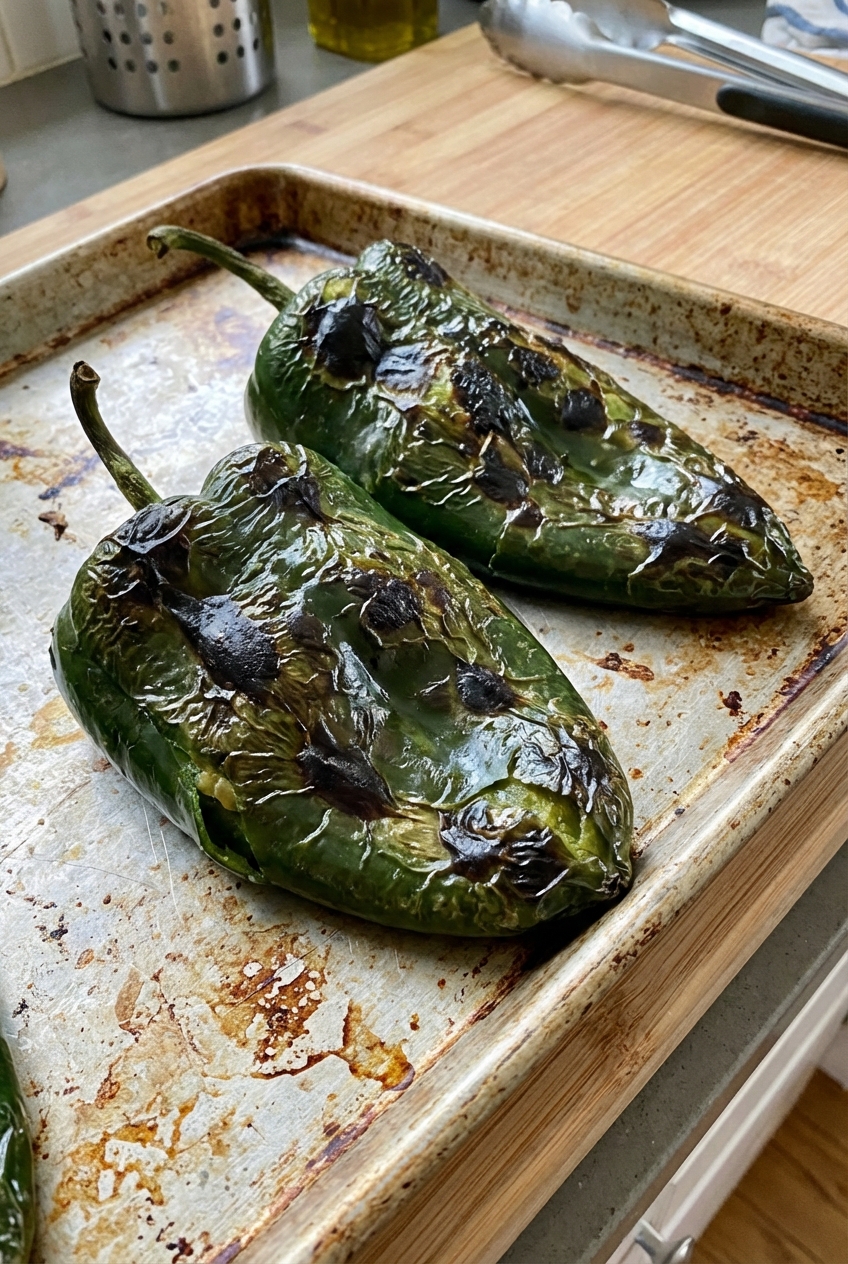 A pair of roasted poblano peppers on a baking sheet with blistered blackened skins