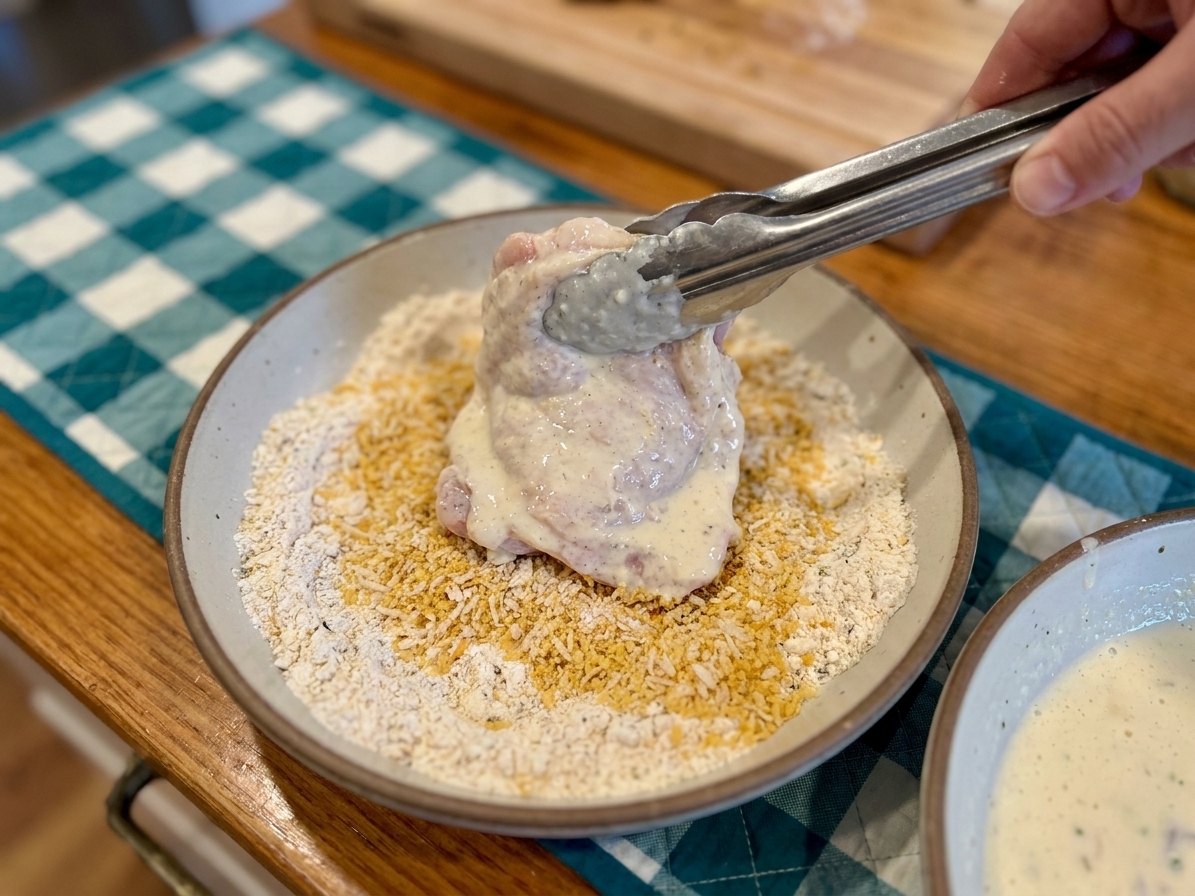A pair of tongs lifts a buttermilk-brined chicken thigh and lowers it into a bowl of seasoned flour and panko on a clean kitchen counter