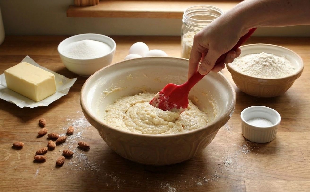 A pale almond frangipane mixture being stirred in a ceramic mixing bowl with a rubber spatula on a tidy kitchen counter