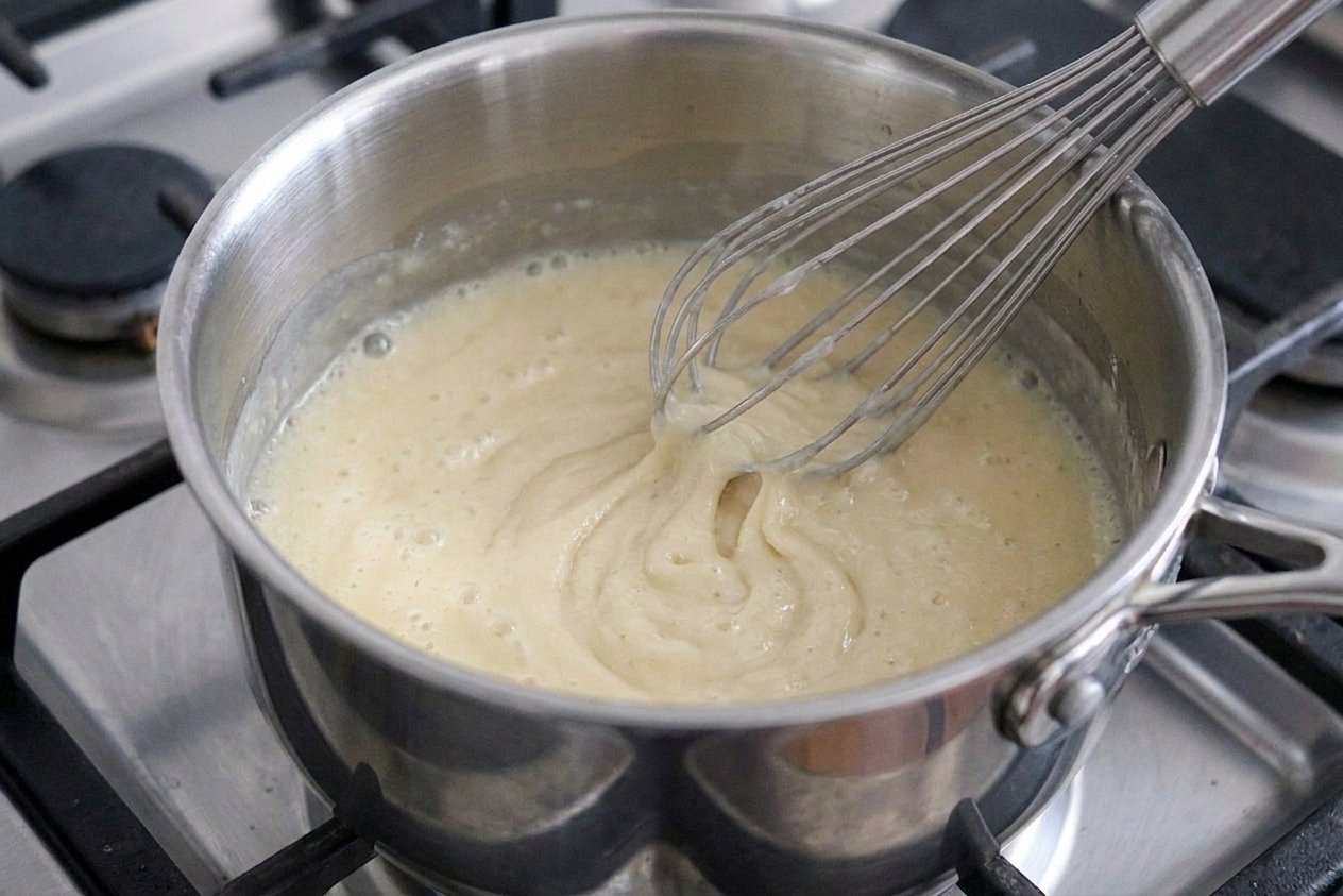 A pale cream sauce gently simmering in a saucepan while being whisked, thick enough to leave trails