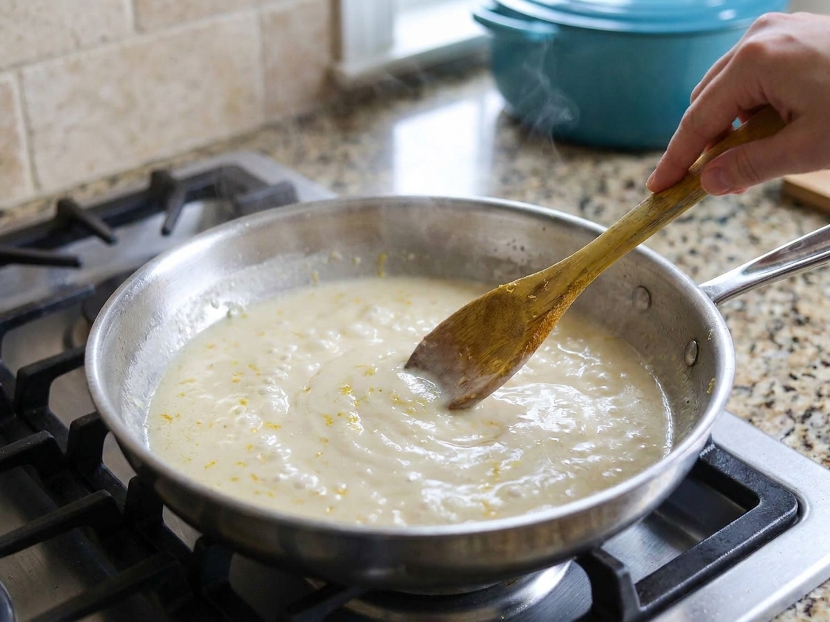 A pale creamy sauce gently simmering in a skillet with visible lemon zest, stirred with a wooden spoon