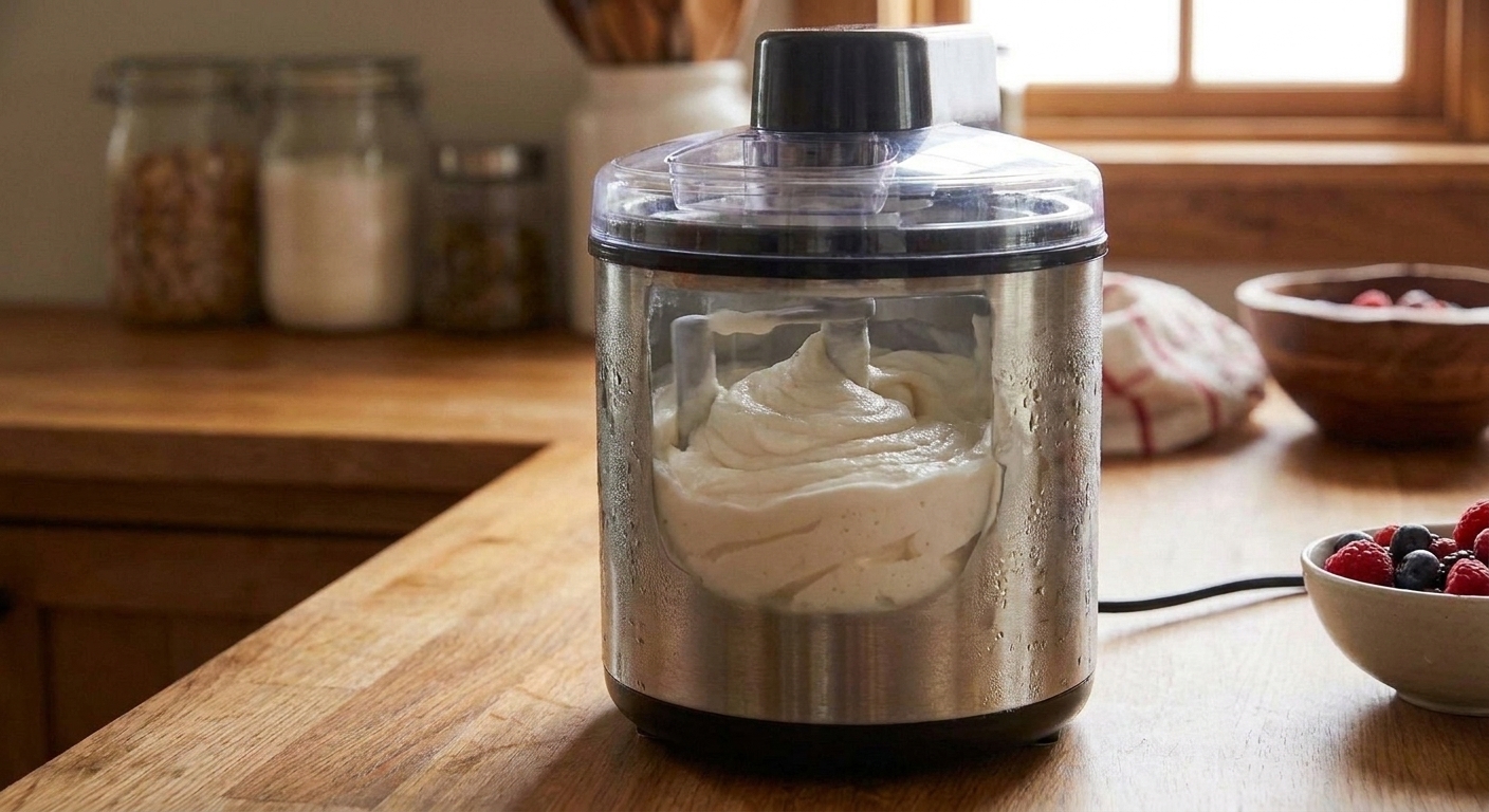 A pale frozen yogurt base churning in an ice cream maker as it thickens into a soft-serve texture