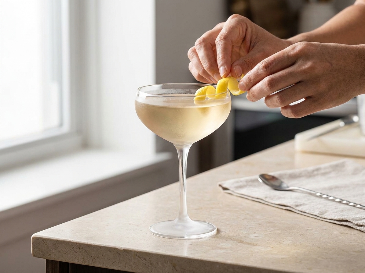 A pale gold Vesper cocktail in a chilled coupe glass with a long lemon twist on a light stone kitchen counter, soft natural window light