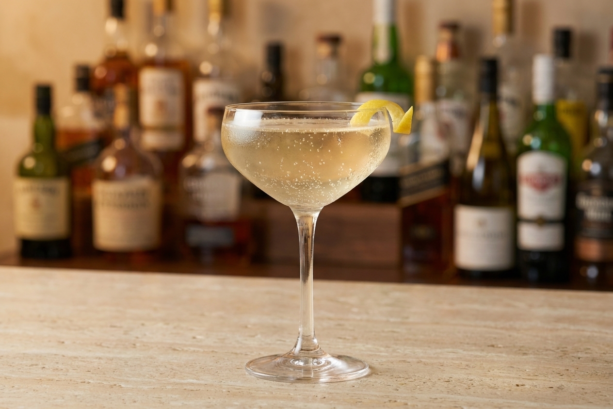A pale golden French 75 cocktail in a chilled coupe glass with tiny bubbles and a lemon twist on a light stone countertop