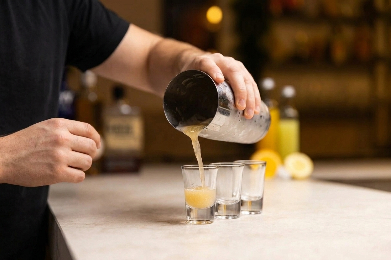 A pale golden shaken mixture being poured from a cocktail shaker into small shot glasses on a kitchen counter.