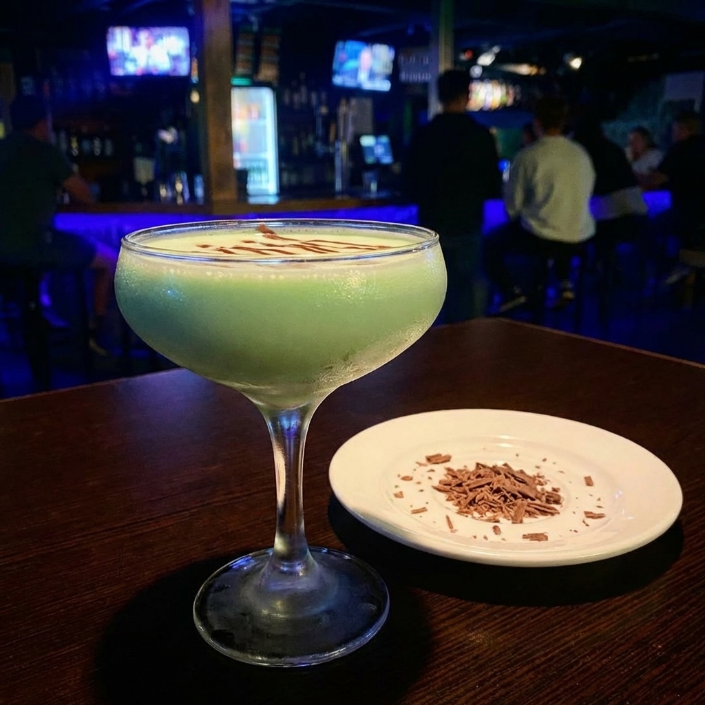 A pale green Grasshopper cocktail in a chilled coupe glass with a light chocolate drizzle on top, sitting on a dimly lit bar counter with a small plate of chocolate shavings nearby, real photography