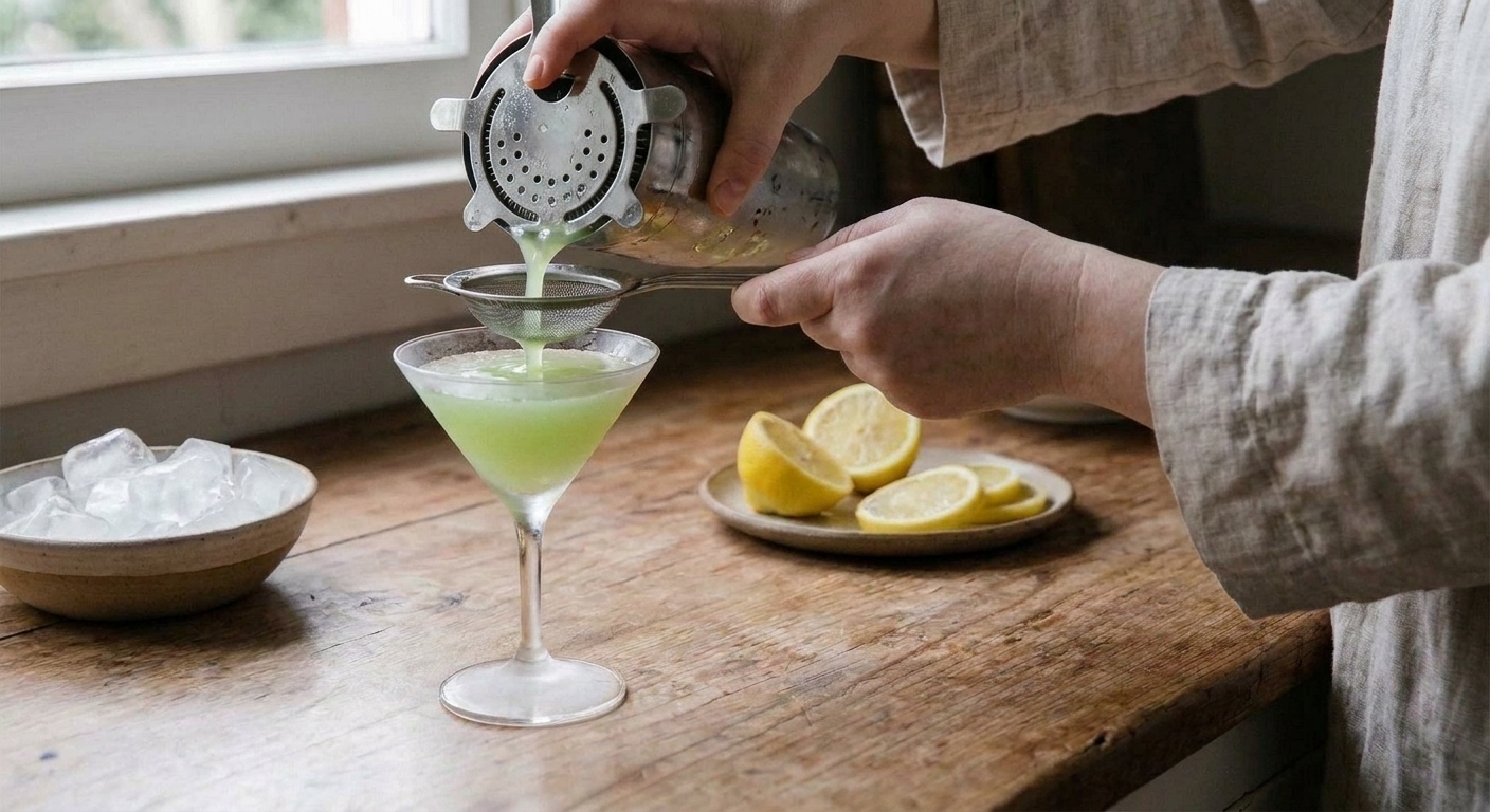A pale green apple martini being strained from a shaker into a chilled martini glass