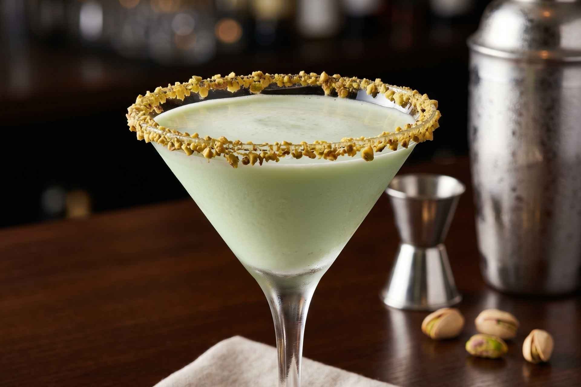 A pale green pistachio martini in a chilled coupe glass with a crushed pistachio rim on a warm stone kitchen counter