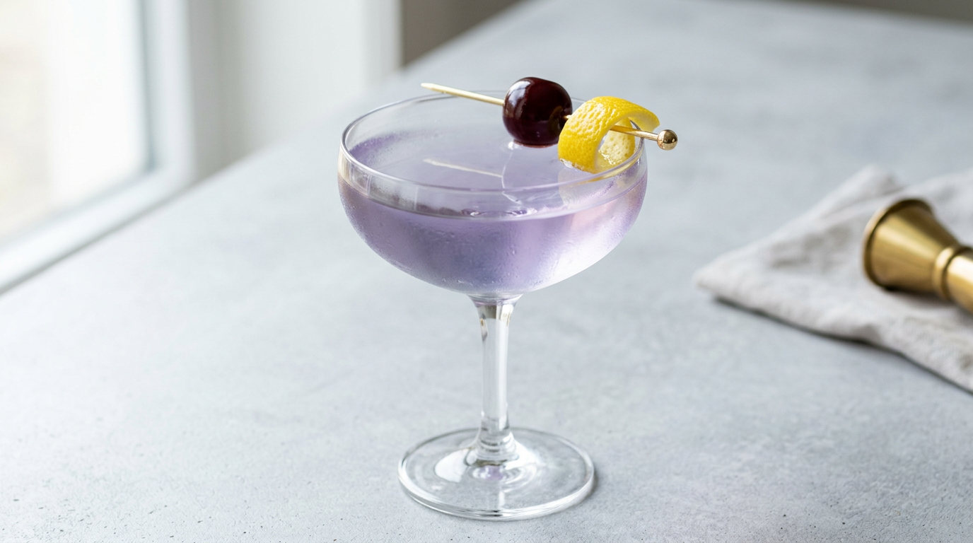 A pale lavender Aviation cocktail in a chilled coupe glass with a lemon twist on a marble kitchen counter, soft natural window light