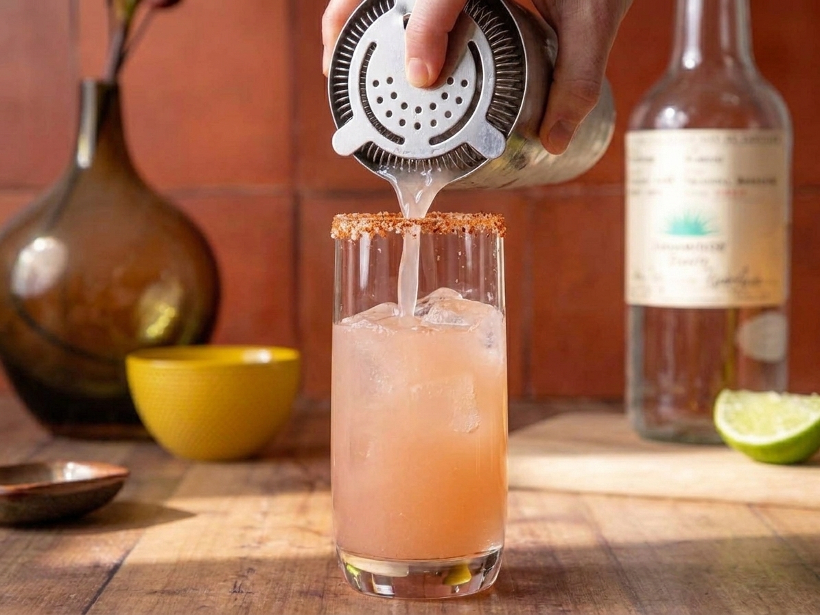 A pale pink grapefruit tequila mixture being strained from a shaker into an ice filled glass on a kitchen counter