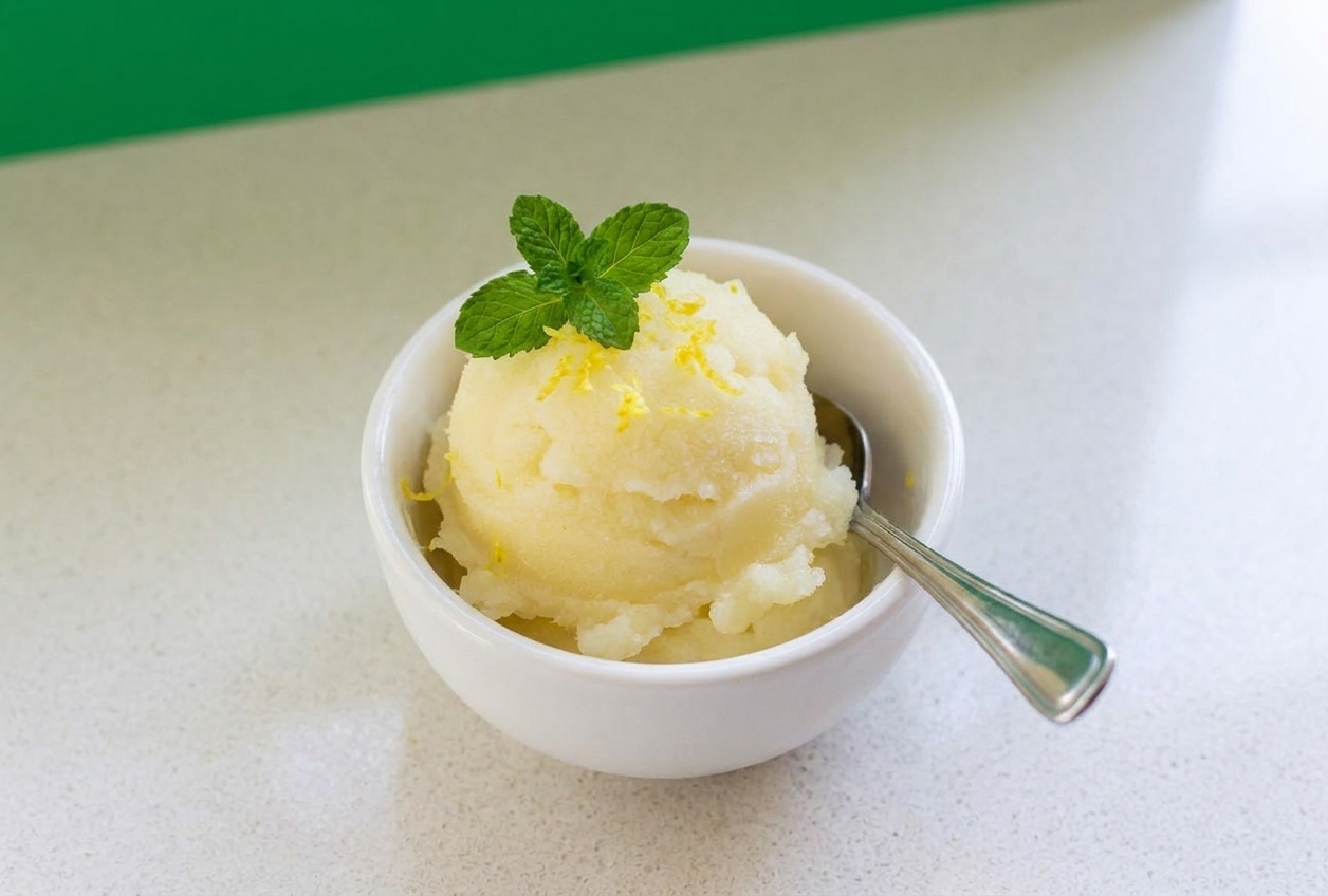 A pale yellow scoop of lemon sorbet in a chilled white bowl with a small spoon and fresh lemon zest on top, set on a bright kitchen table