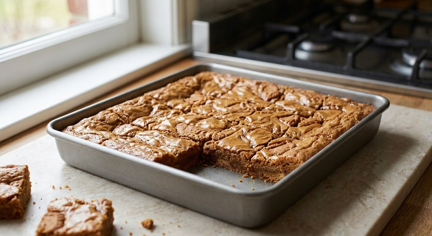 A pan of Biscoff cookie butter blondies cut into squares, with a glossy crinkly top and visible cookie butter swirls on a light stone kitchen counter
