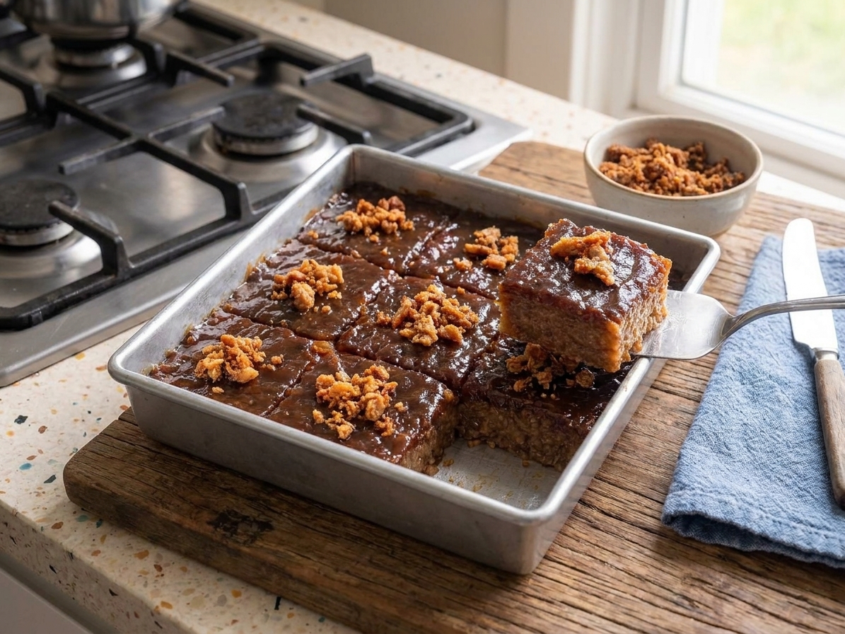 A pan of Filipino biko with a glossy coconut caramel topping, cut into neat squares on a rustic kitchen table with warm natural light