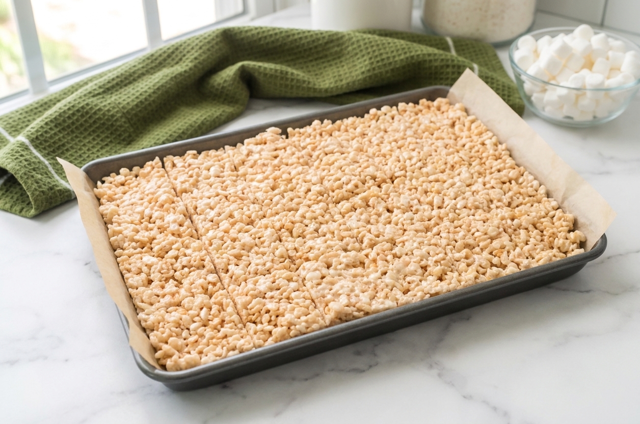 A pan of Rice Krispie treats cut into neat squares on parchment paper