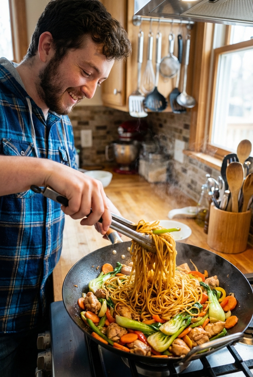 A pan of chicken chow mein being tossed with tongs, showing glossy noodles and crisp vegetables
