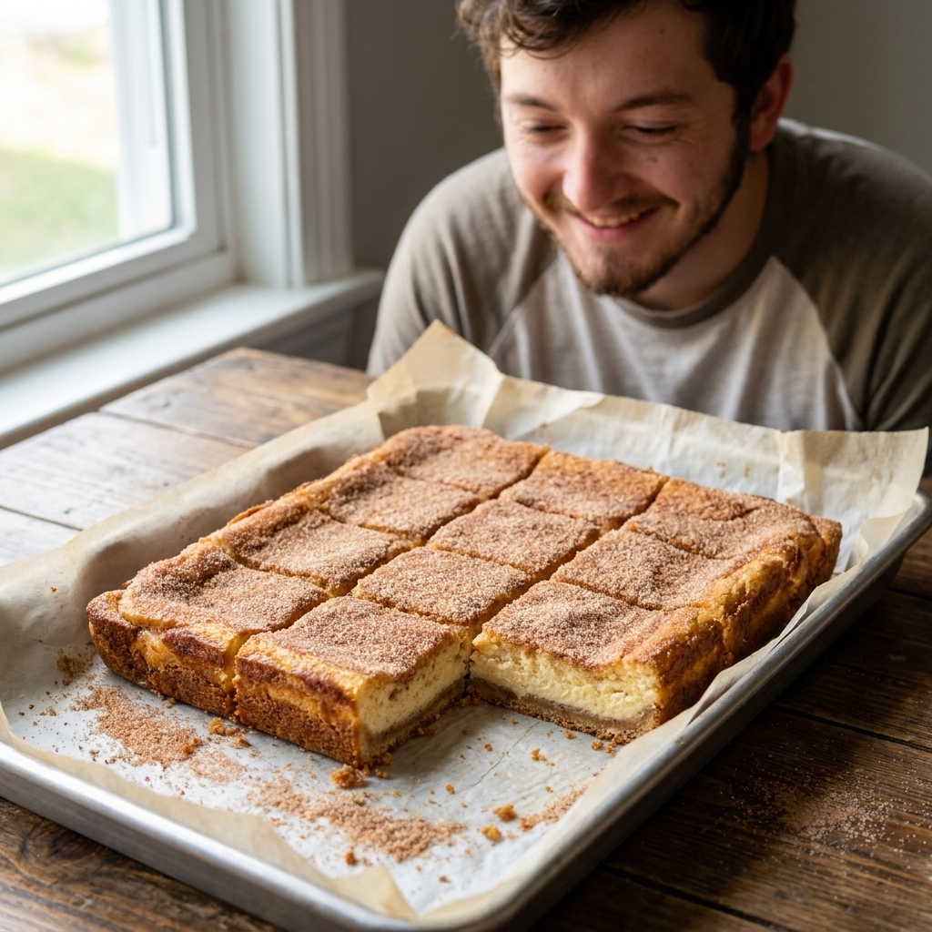 A pan of churro cheesecake bars with a golden cinnamon-sugar top, cleanly sliced into squares on parchment paper with a few crumbs scattered, natural window light food photo