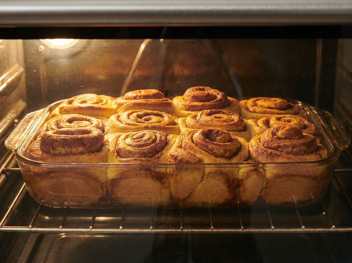 A pan of cinnamon buns baking in an oven, the rolls rising and turning golden around the edges