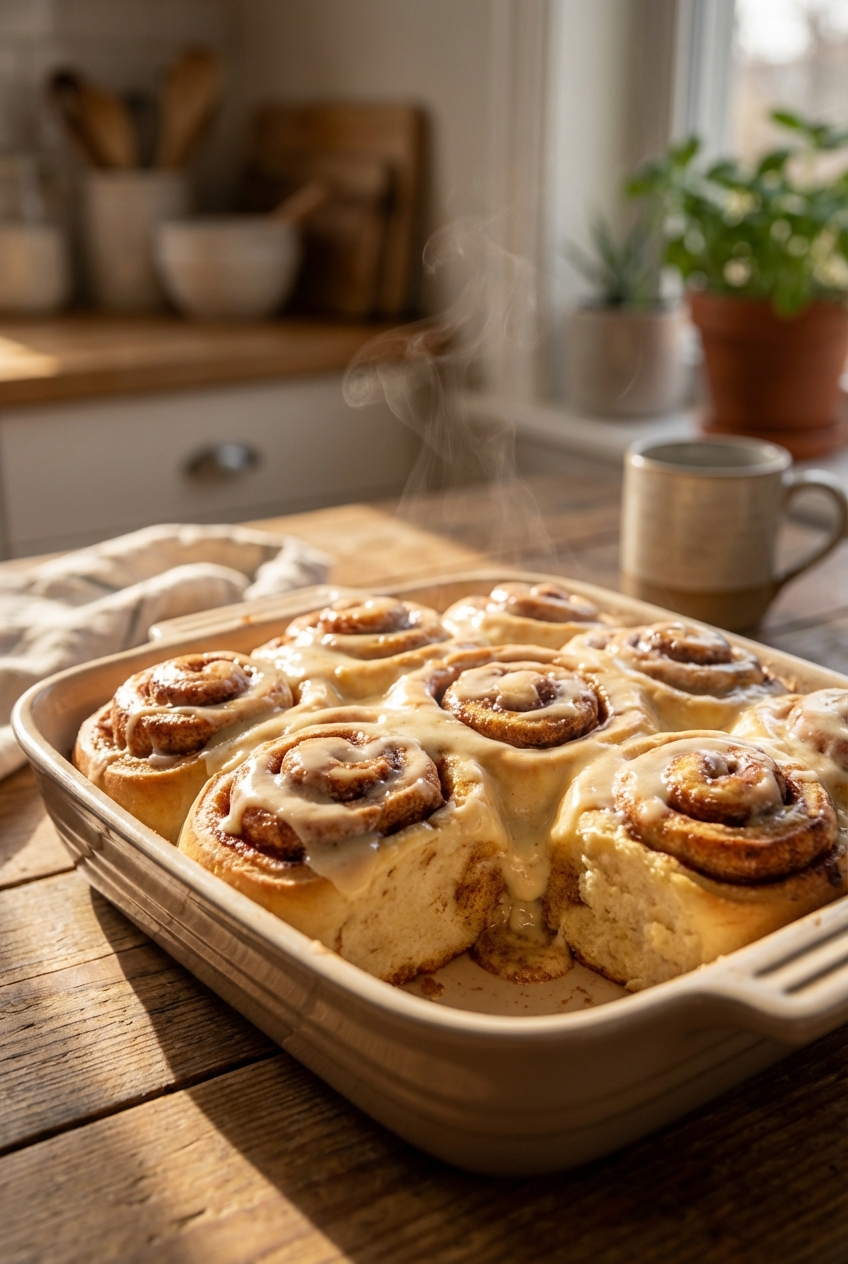 A pan of freshly baked cinnamon rolls with gooey cinnamon centers and melted cream cheese glaze, shot in warm morning window light