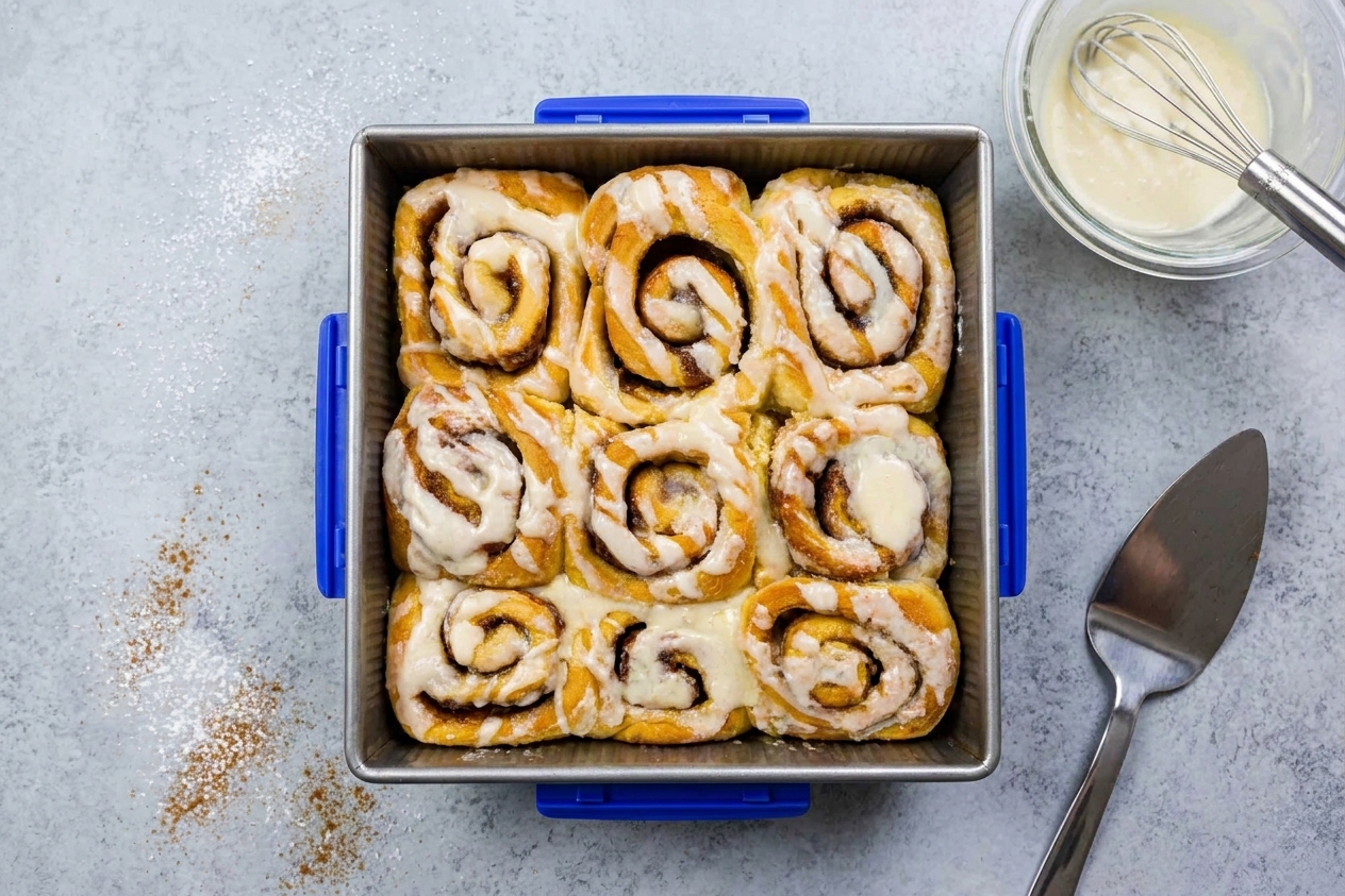A pan of freshly baked gluten free cinnamon rolls swirled with cinnamon sugar and topped with cream cheese icing on a light stone kitchen counter