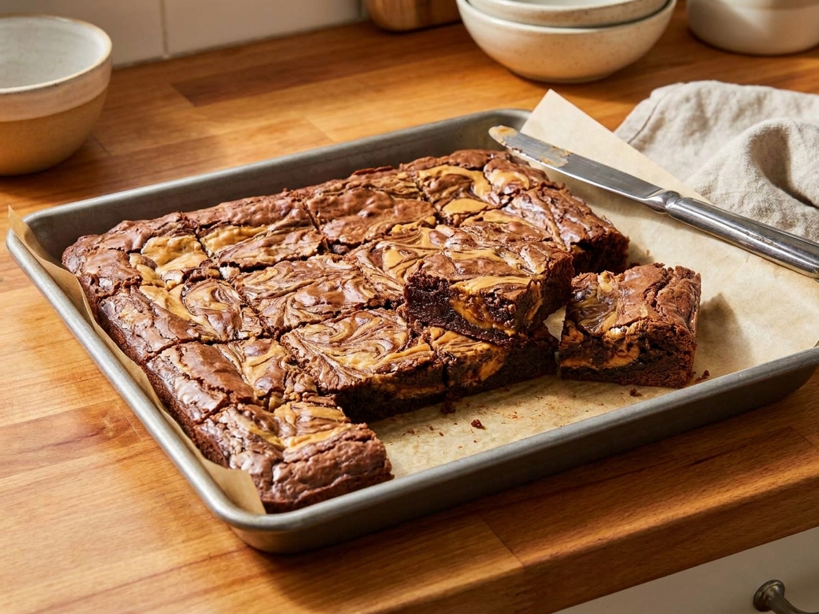 A pan of fudgy peanut butter swirl brownies cut into squares on a parchment lined baking pan on a warm kitchen counter
