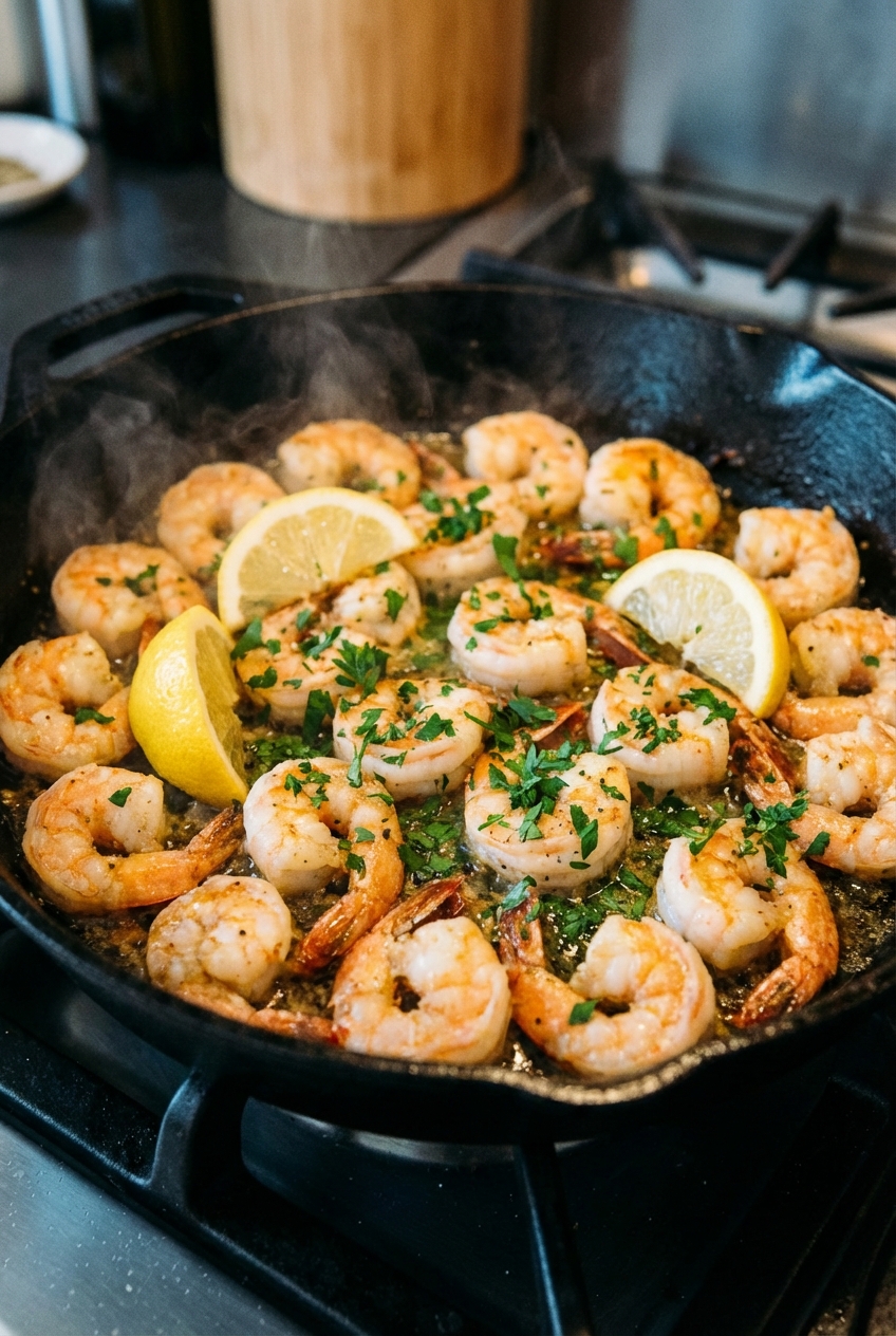 A pan of garlicky shrimp with lemon wedges and parsley