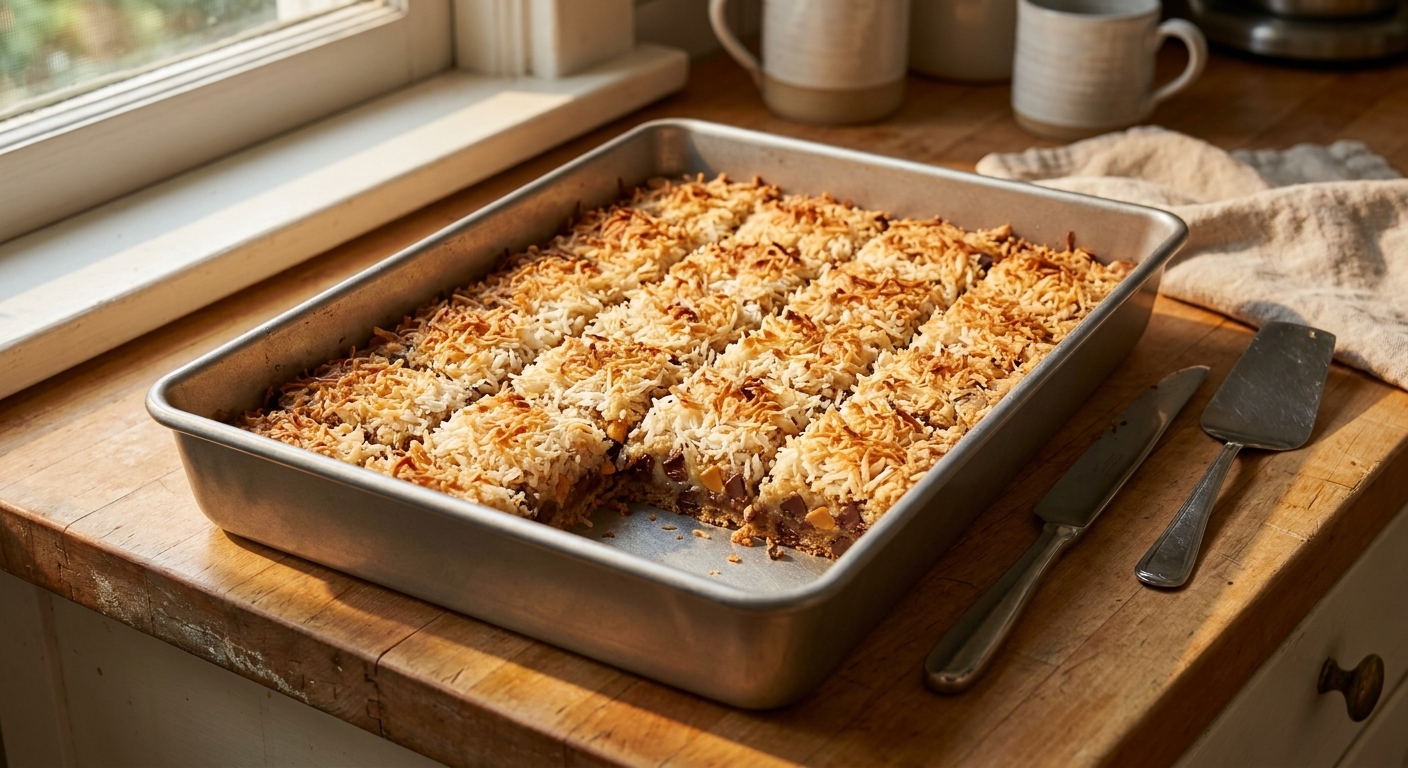 A pan of magic cookie bars with golden toasted coconut on top, partially sliced into squares in a metal baking pan on a kitchen counter, warm natural light