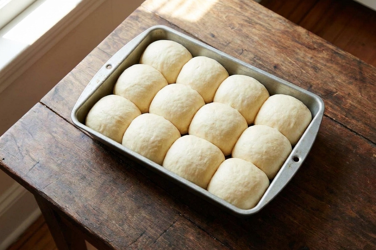A pan of risen bread rolls ready to bake, spaced closely together and lightly domed
