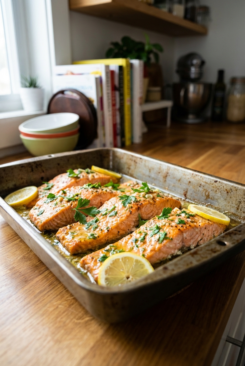 A pan of roasted salmon fillets with a glossy garlic butter sauce
