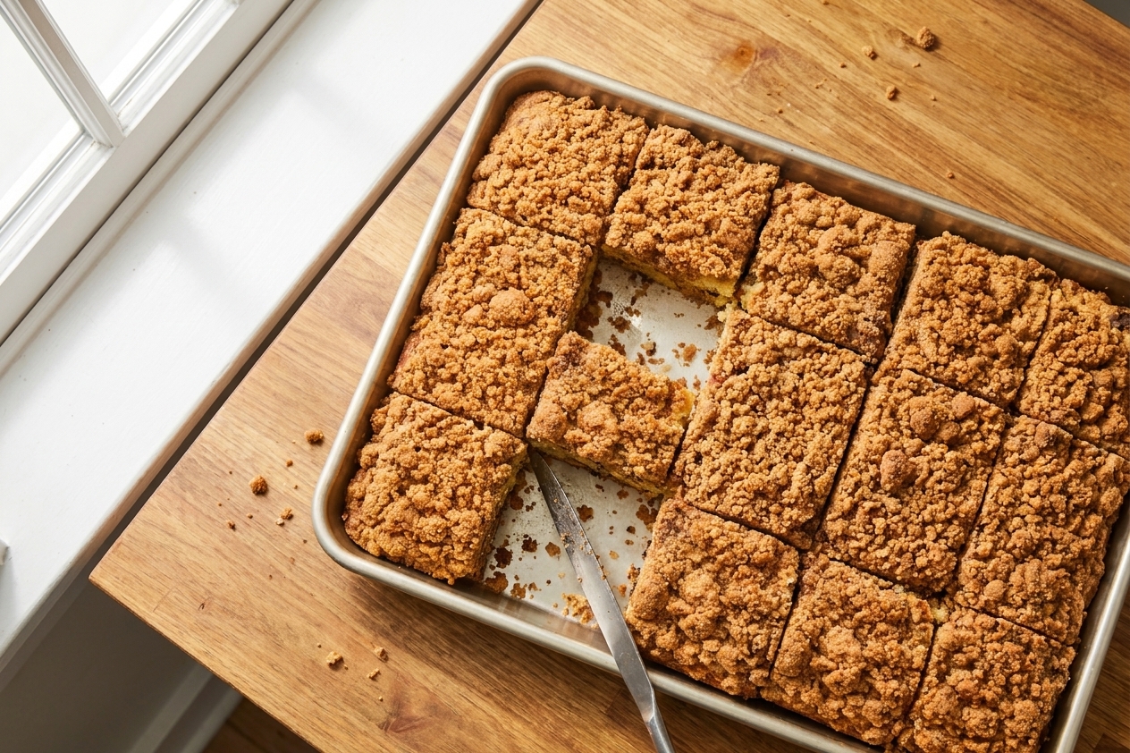 A pan of sour cream coffee cake cut into neat squares with the cinnamon streusel visible