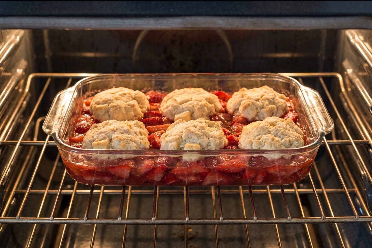 A pan of strawberry cobbler baking on the center rack of an oven with the topping beginning to brown