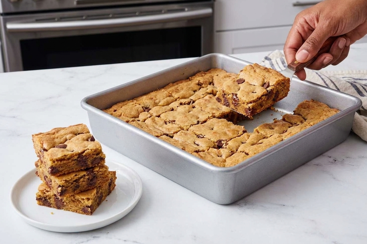 A pan of thick, chewy cake mix cookie bars cut into squares on a light kitchen counter with a small stack of bars on a plate nearby