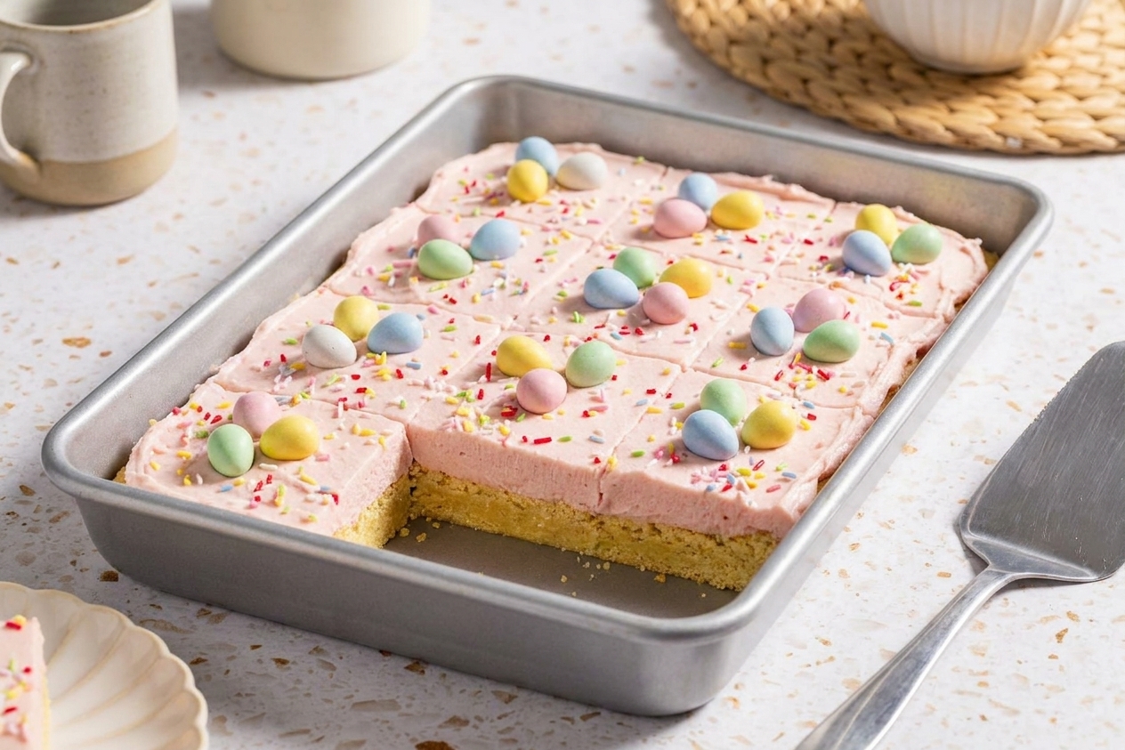A pan of thick frosted sugar cookie bars topped with pastel candy-coated chocolate mini eggs on a light kitchen counter