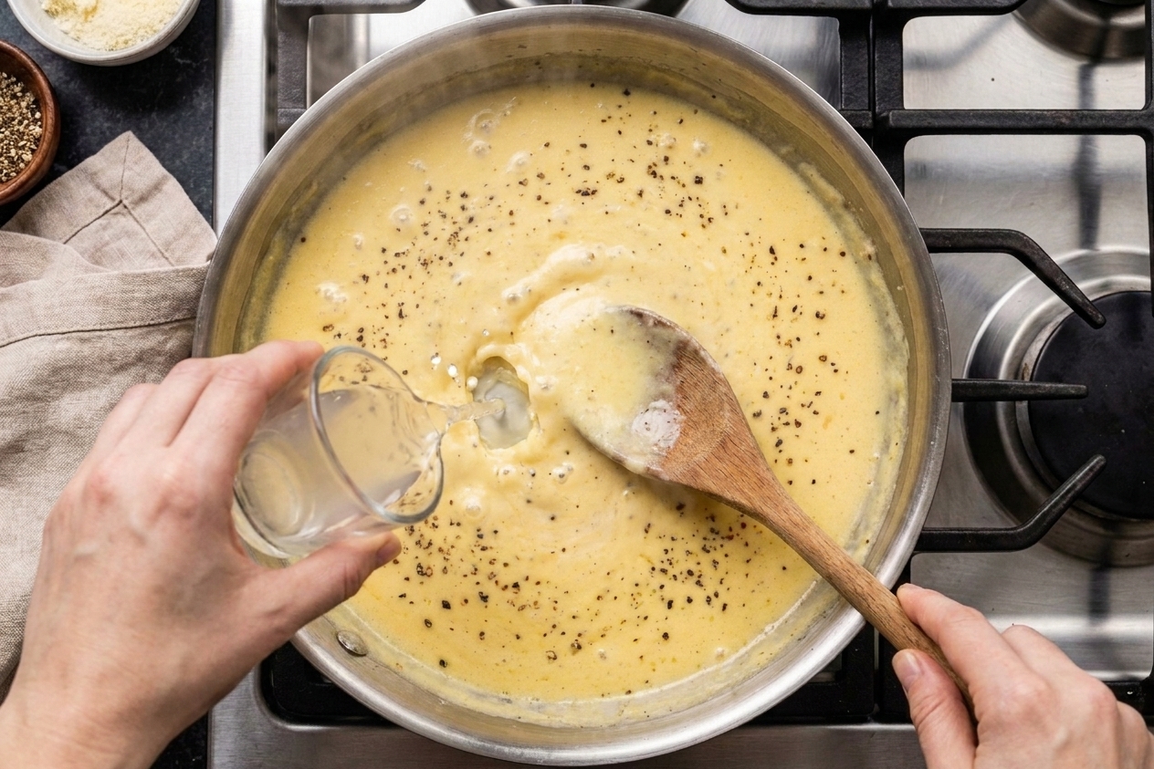A pan on a stovetop with leftover creamy sauce being stirred while a small splash of liquid is added to loosen it