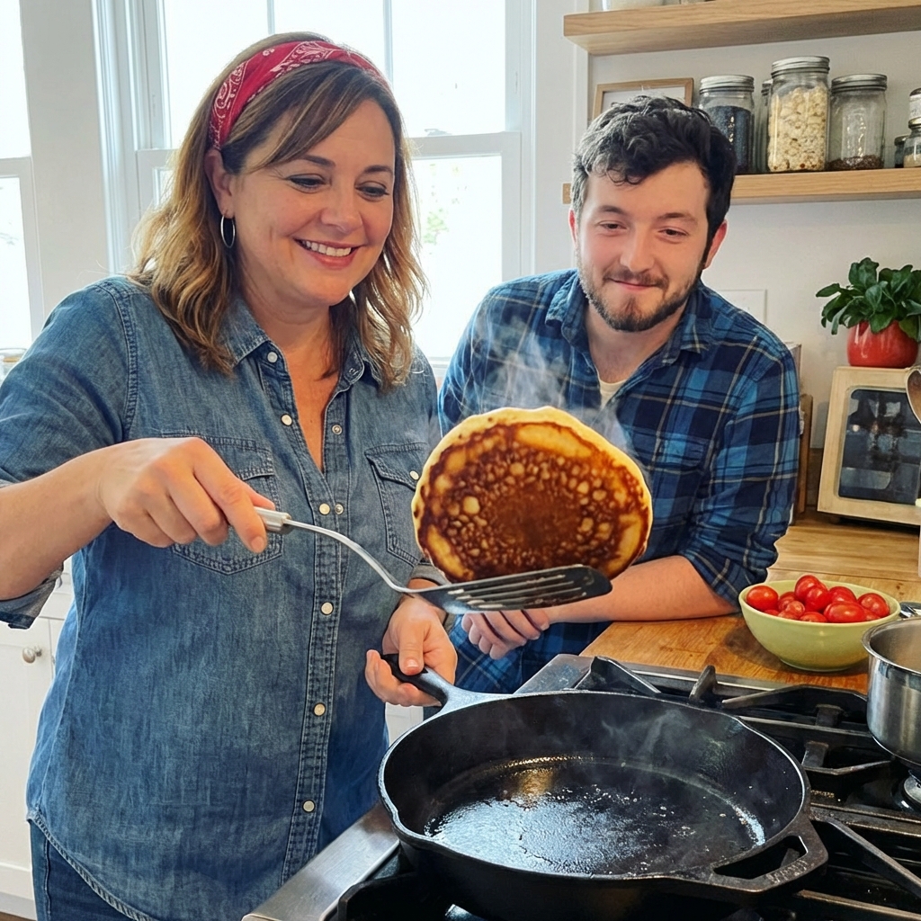 A pancake being flipped in a skillet with a spatula, showing a golden-brown underside